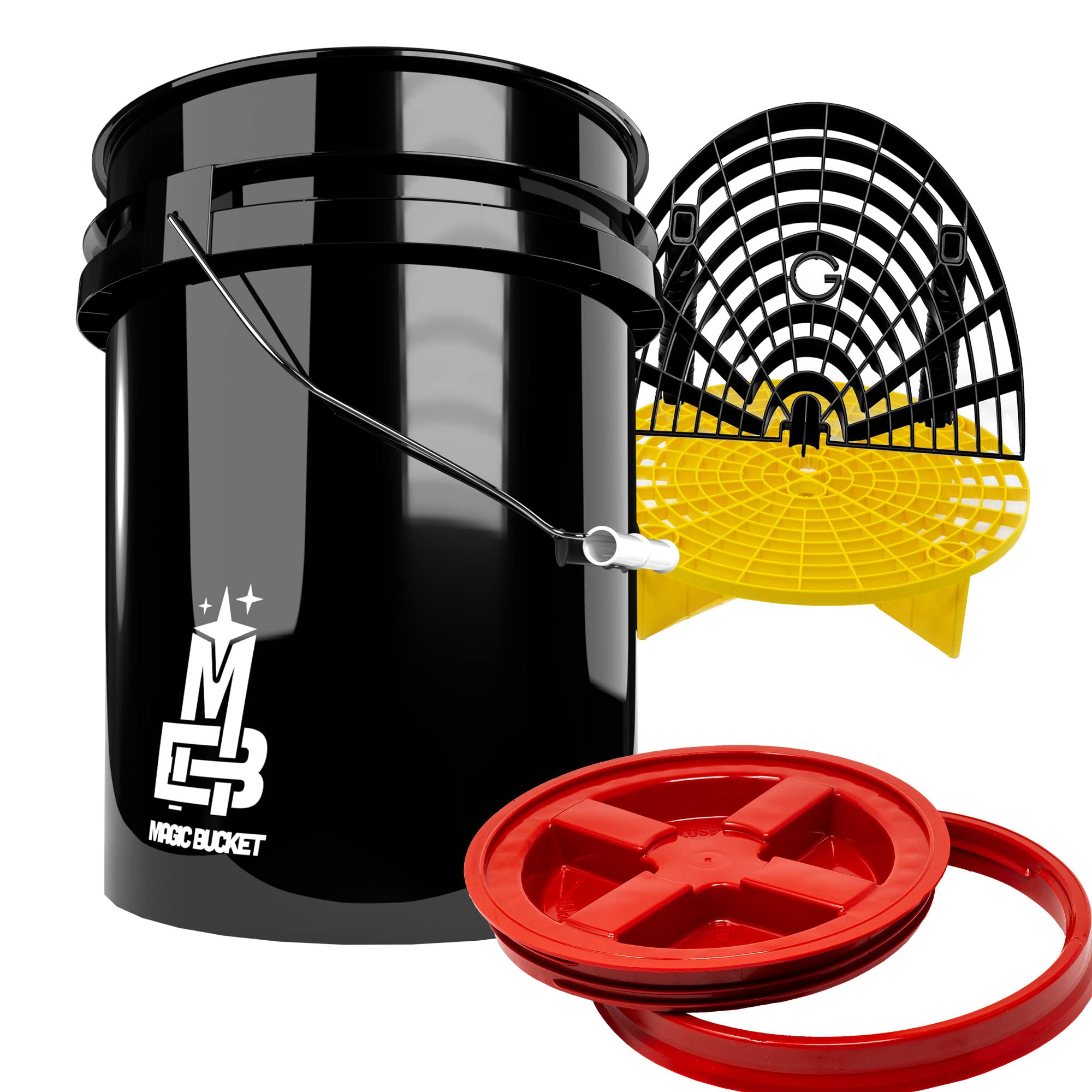 Detailmate professionelles Wasch Eimer Set: Magic Bucket Wascheimer 5 GAL (ca. 20 Liter), Gamma Seal Eimerdeckel rot, GritGuard Schmutz Einsatz gelb, GritGuard Washboard schwarz