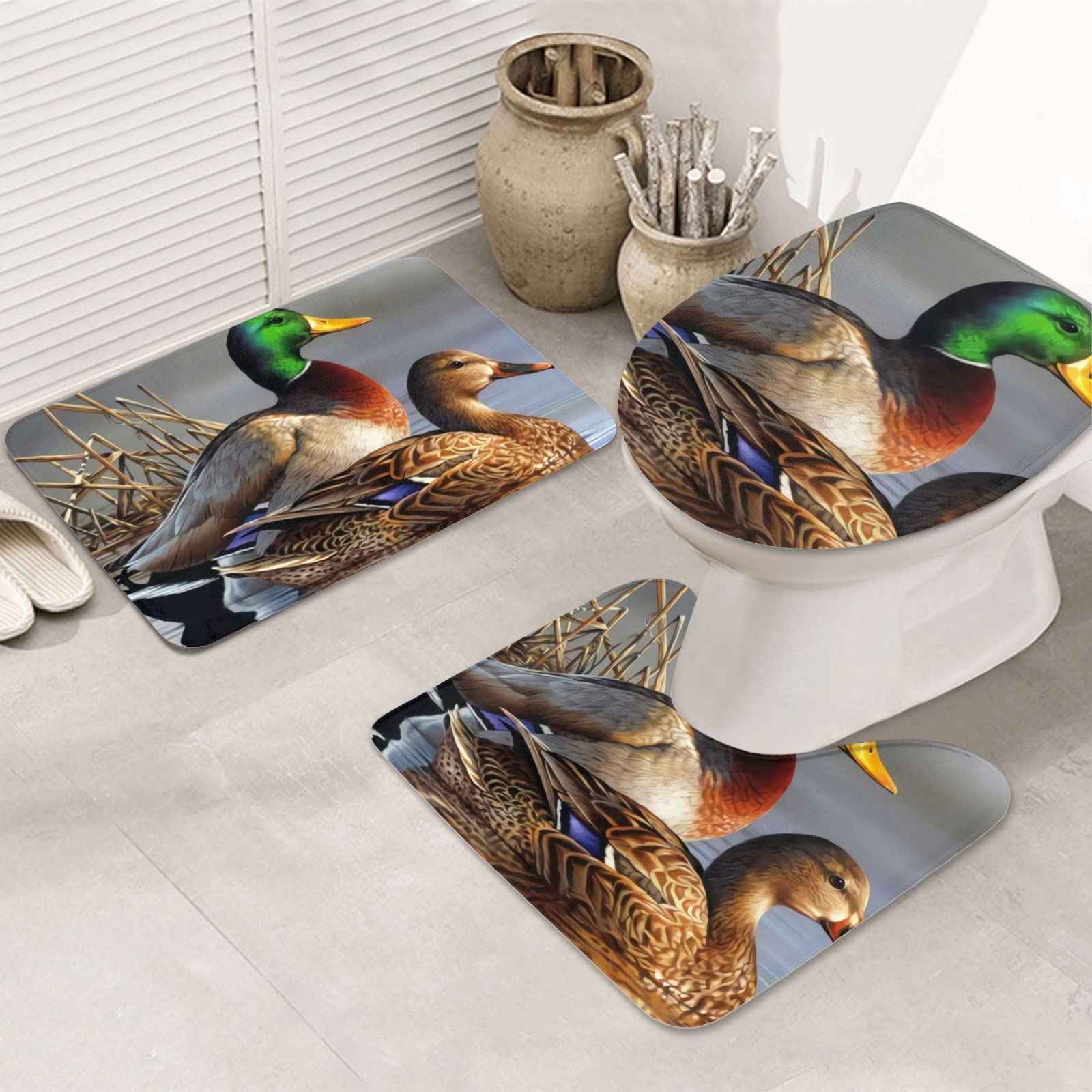 lYonge Mallard Duck Bathroom Antiskid Pad Bath Mat Set 3 Pieces Bath Rug for Bathroom Toilet Bedroom
