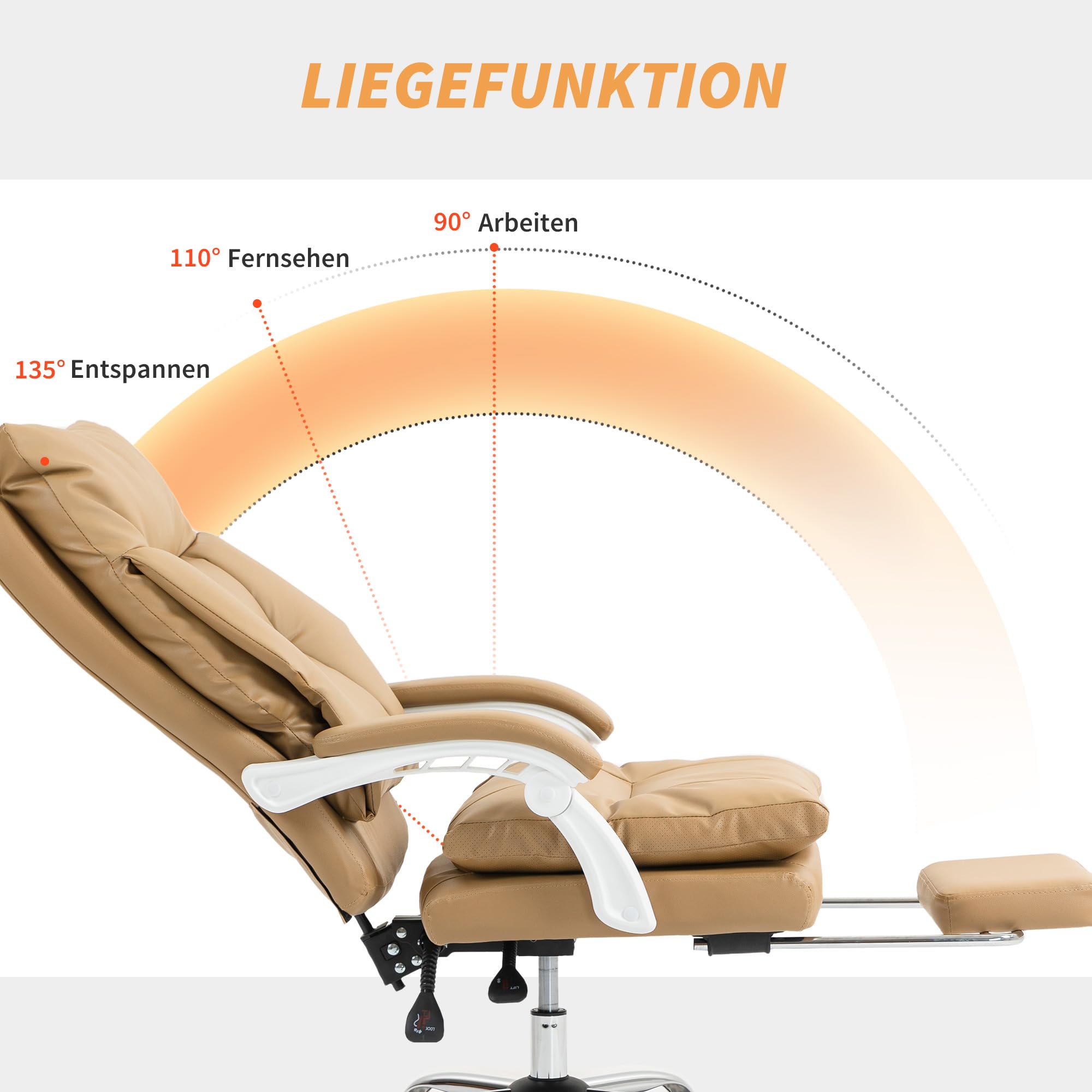 HOMCOM Executive Office Chair, PU Leather Desk Chair with Footrest, Quiet Swivel Wheels, Reclining Backrest, High Back, Height Adjustable, for Home, Light Brown