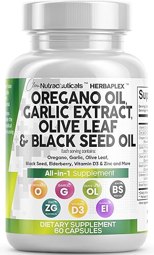 Clean Nutra Aceite de Orégano con Aceite de Semilla Negra Ajo Extracto de Hoja de Olivo - Cápsulas de Aceite de Orégano Apoyo Inmunológico