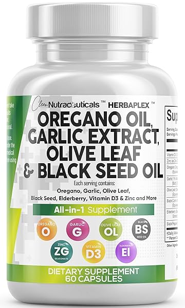 Clean Nutra Oregano Oil with Black Seed Oil Garlic Olive Leaf Extract - Oil of Oregano Capsules Immune Support Carvacrol & Thymoquinone Supplement for Women and Men + Elderberry Vitamin D3 & Zinc