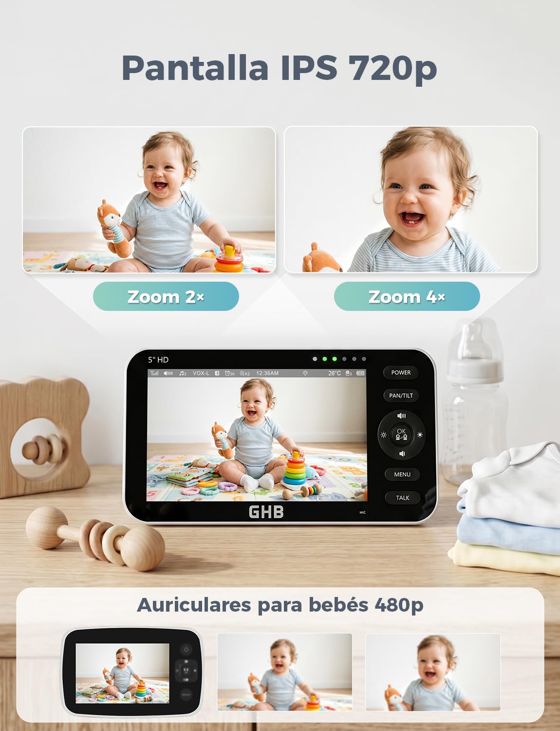 GHB Camara Vigilancia Bebe con 5" HD Pantalla Vigilabebés con Cámara, Batería de 4000mAh Soporta 4 Cámaras, Pantalla Dividida, 4×Zoom, Visión Nocturna, Comunicación Bidirecciona Escucha Bebes