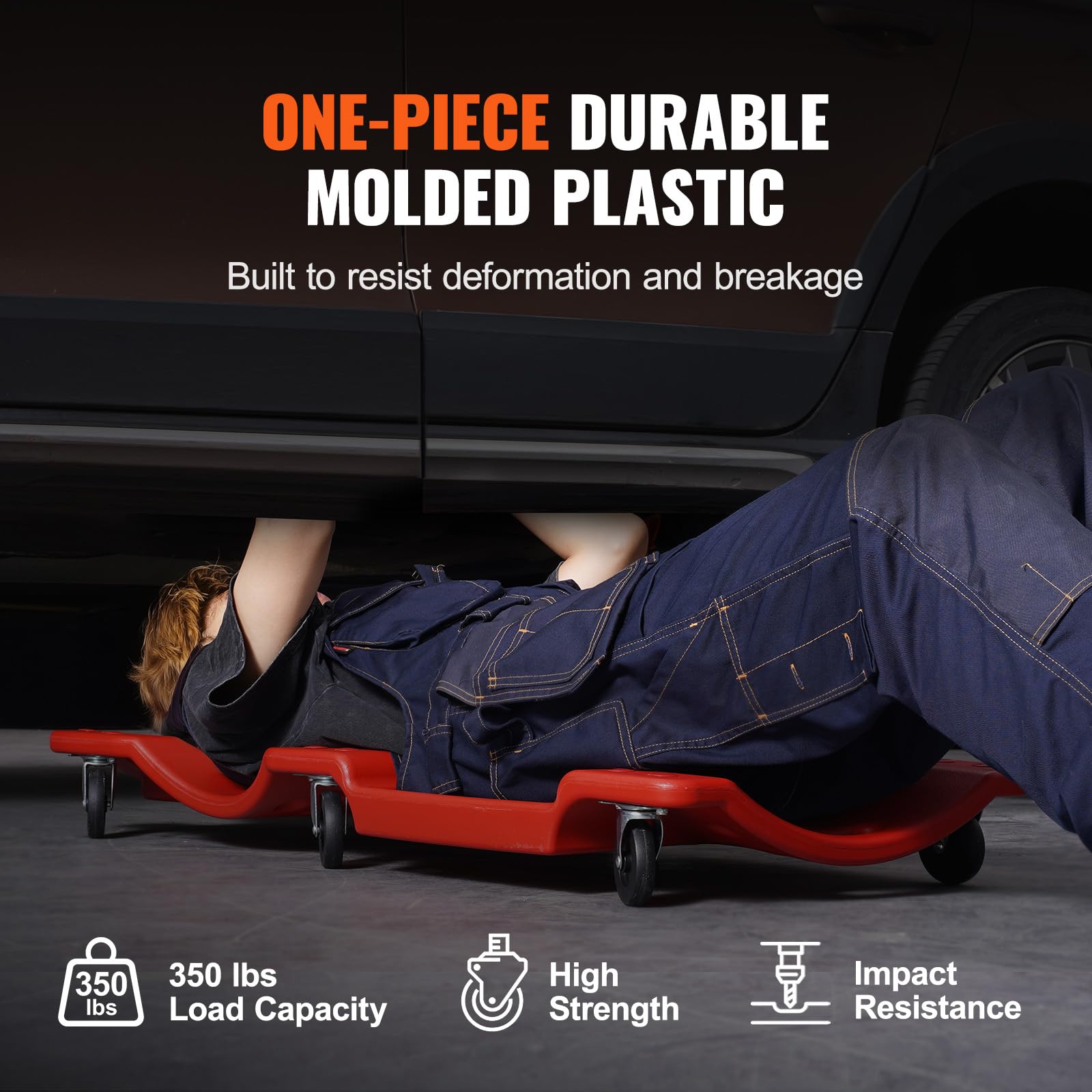 VEVOR Camilla Mecánica de Plástico, Capacidad de 158,8 kg, con Cuerpo Ergonómico Moldeado de HDPE, Reposacabezas Acolchado, 6 Ruedas, para Taller de Reparación de Automóviles, 915 x 430 x 115 mm