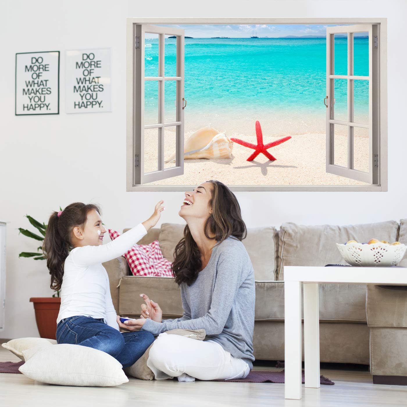 Realistic Window Wall Decal – Peel and Stick Nautical Decor for Living Room, Bedroom, Office, Playroom – Beach Wall Murals Removable Window Frame Style Ocean Wall Art – Vinyl Poster Wall Stickers