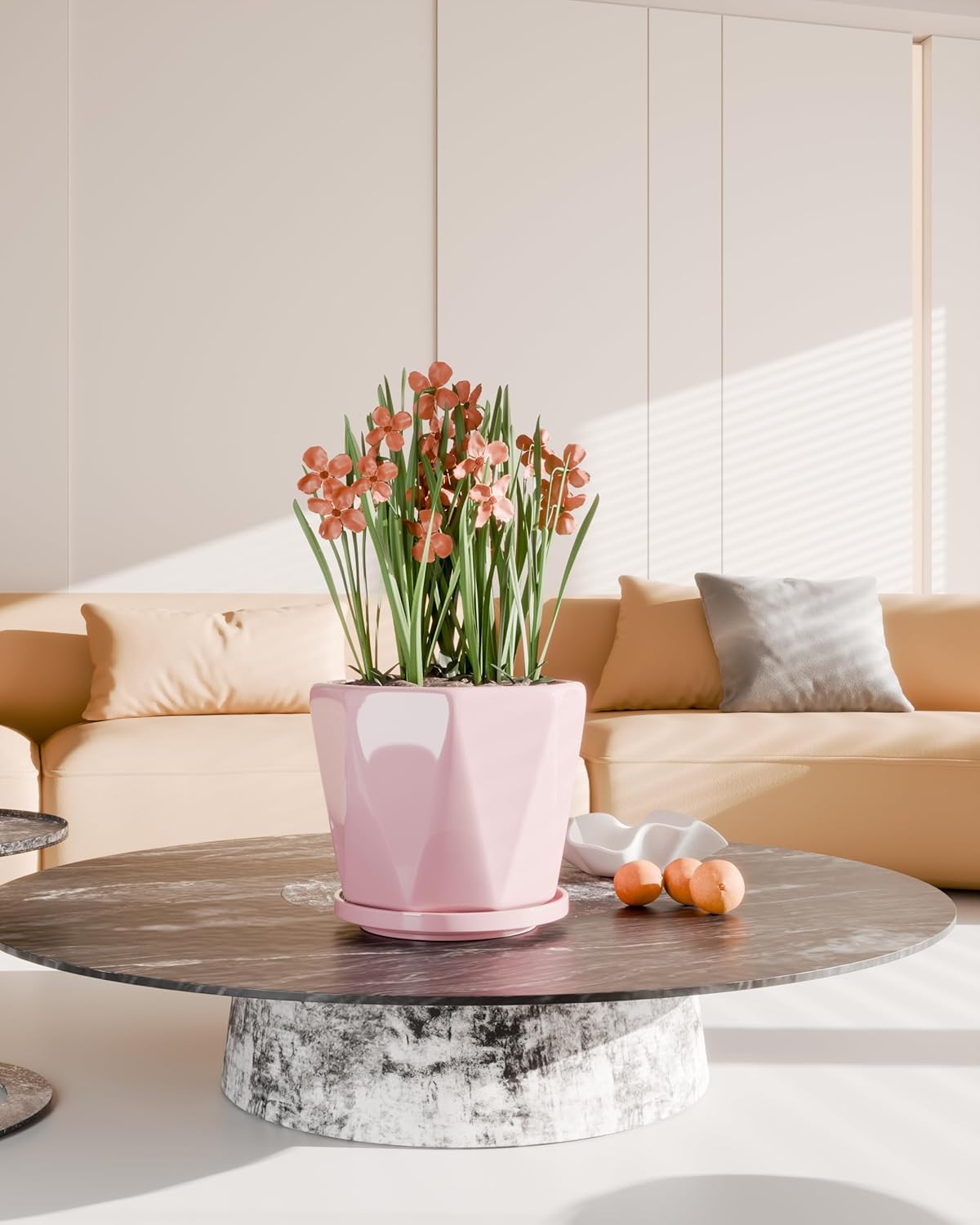 Ceramic Plant Pots Indoor, 8.6+7.1+5.5 Inch Planters with Drainage Holes and Saucers Set of 3 Large Flower Pots, Pink