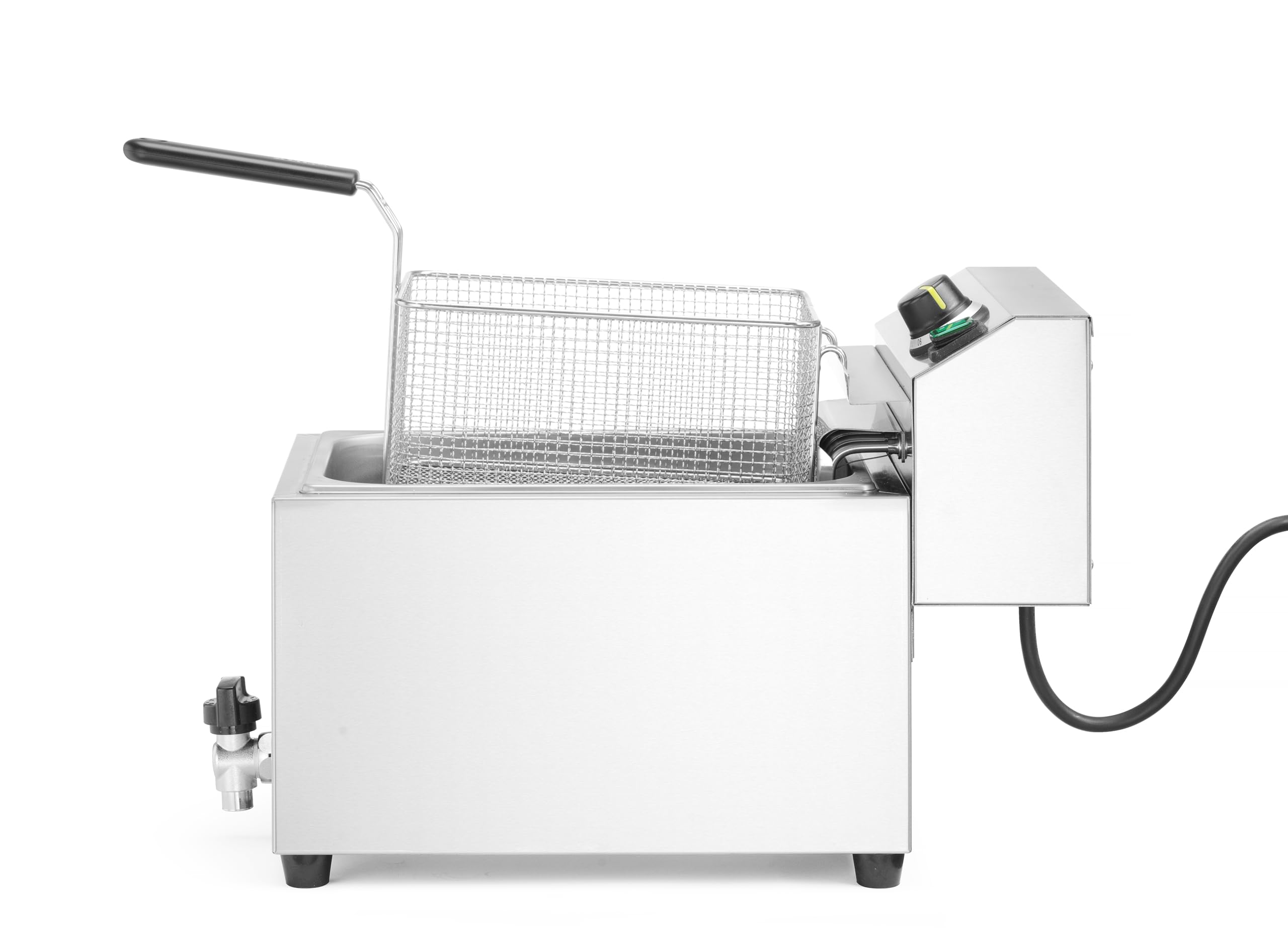 HENDI Freidora eléctrica XL GOLIATH, con grifo de vaciado, 50 °C-190 °C, zona fría, con tapa y cesta de freír, 10L, muy potente: 10200W, 400V, 300x585x(H)392mm, acero inoxidable