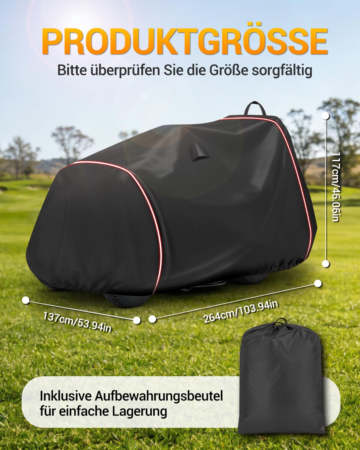 Housse Tondeuse Autoportée Housse Protection Tracteur Tondeuse Bâche de Protection Tracteur de pelouse Oxford 420D Anti-UV avec Bande Réfléchissante et Boucle Coupe-vent(264 x 137 x 117 cm)