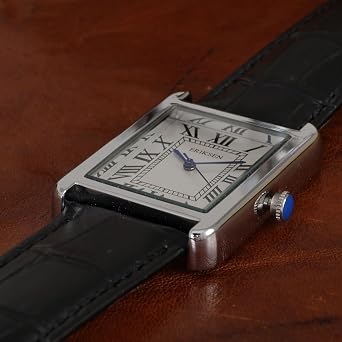 ERIKSEN Mens Retro Rectangular Dress Watch, Silver-Tone Case, Black Leather Strap, Japanese Quartz Analog Movement CMS-BLK