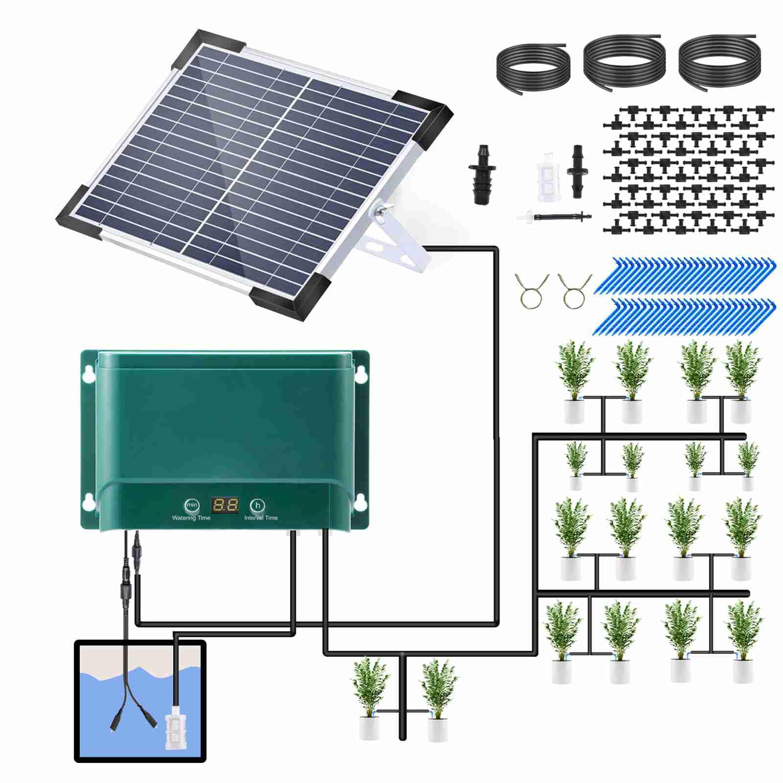 Kit di Irrigazione a Goccia Ad Energia Solare con 30 modalità di Irrigazione e 7 modalità Timer - Dispositivo Automatico Economico per Fiori e Giardini in Vaso