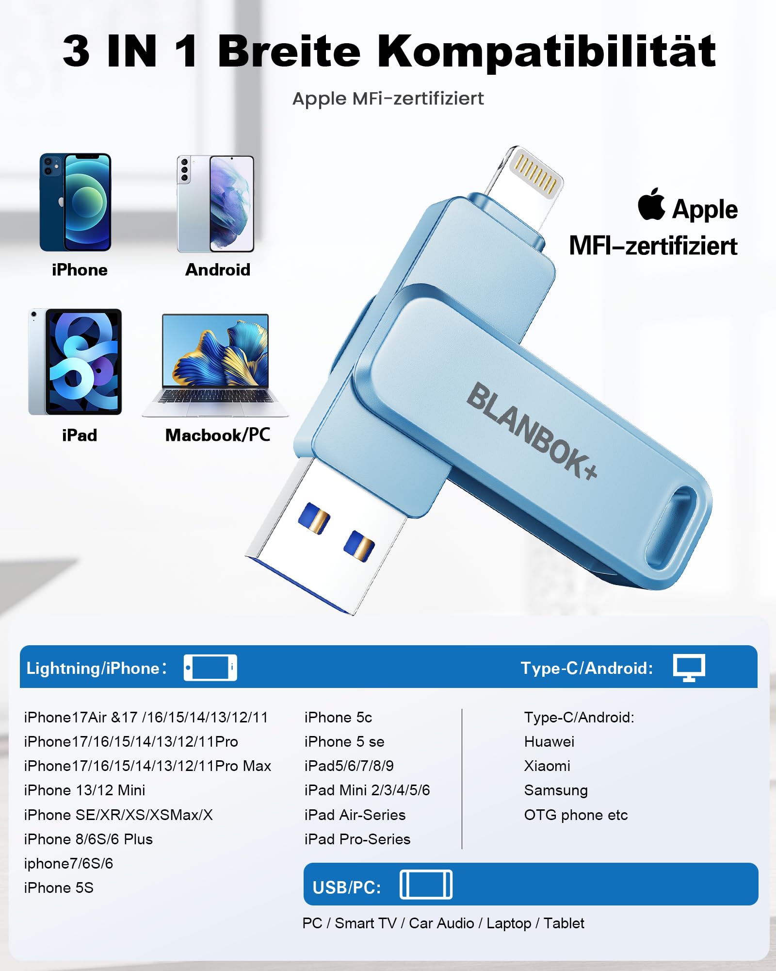 Apple Chiavetta USB certificata MFi per cellulare, unità flash 3 in 1 per iPhone, iPad, Android e PC, memoria USB 3.0 ad alta velocità, per backup di foto e dati (blu, 256 GB)