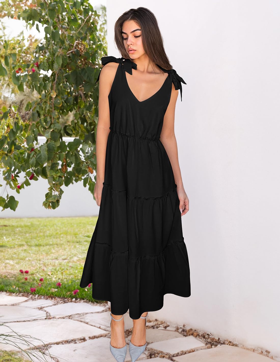 ZESICA Women's 2026 Summer Boho Sleeveless Midi Dresses Casual V Neck Spaghetti Strap Flowy A Line Tiered Beach Long Sundress - Image 7