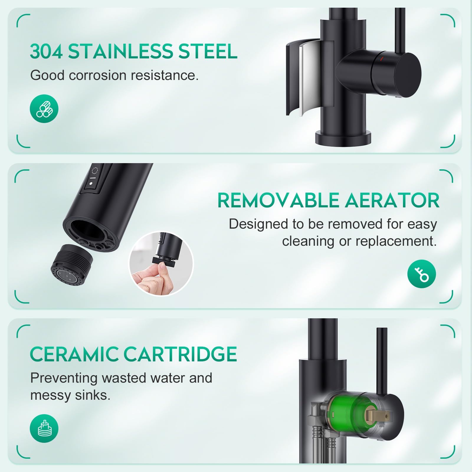 CREA 3 Wege Küchenarmatur mit Brause, Drei Wege Wasserhahn Küche Ausziehbar, 360° Drehbar 3 Wege Mischbatterie, Einhand Trinkwasserhahn, 3 in 1 Spültischarmatur, 3 Wege Armatur aus Edelstahl,Schwarz
