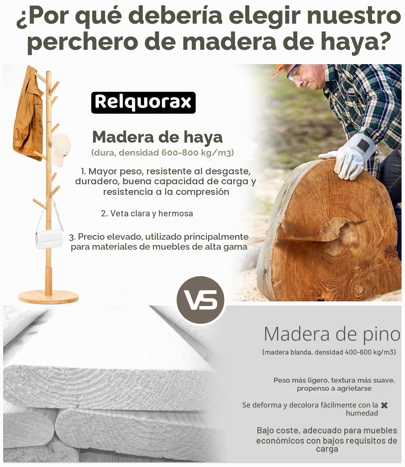 Perchero de madera de haya maciza en forma de árbol para ropa, 9 ganchos, 185 x 38 x 38 cm, para chaquetas, sombreros, bolsos, entrada, pasillo, oficina, dormitorio (natural)