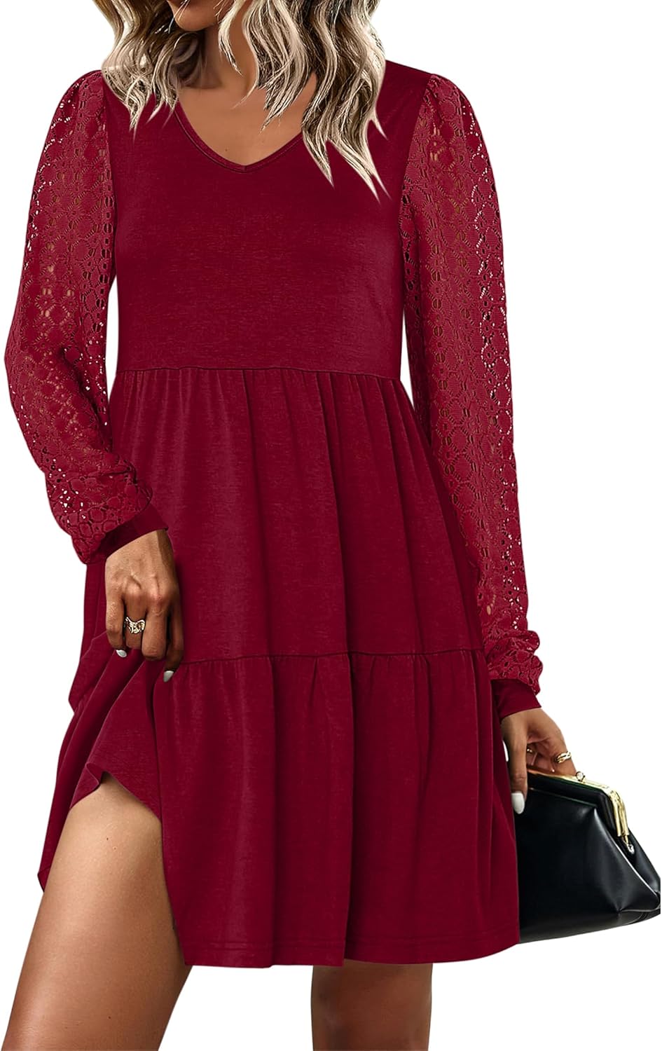 ANRABESS Dresses for Women Casual Lace Long Sleeve V Neck Tiered Swing Flowy Loose A-line Mini Short 2025 Fall Vacation Dress