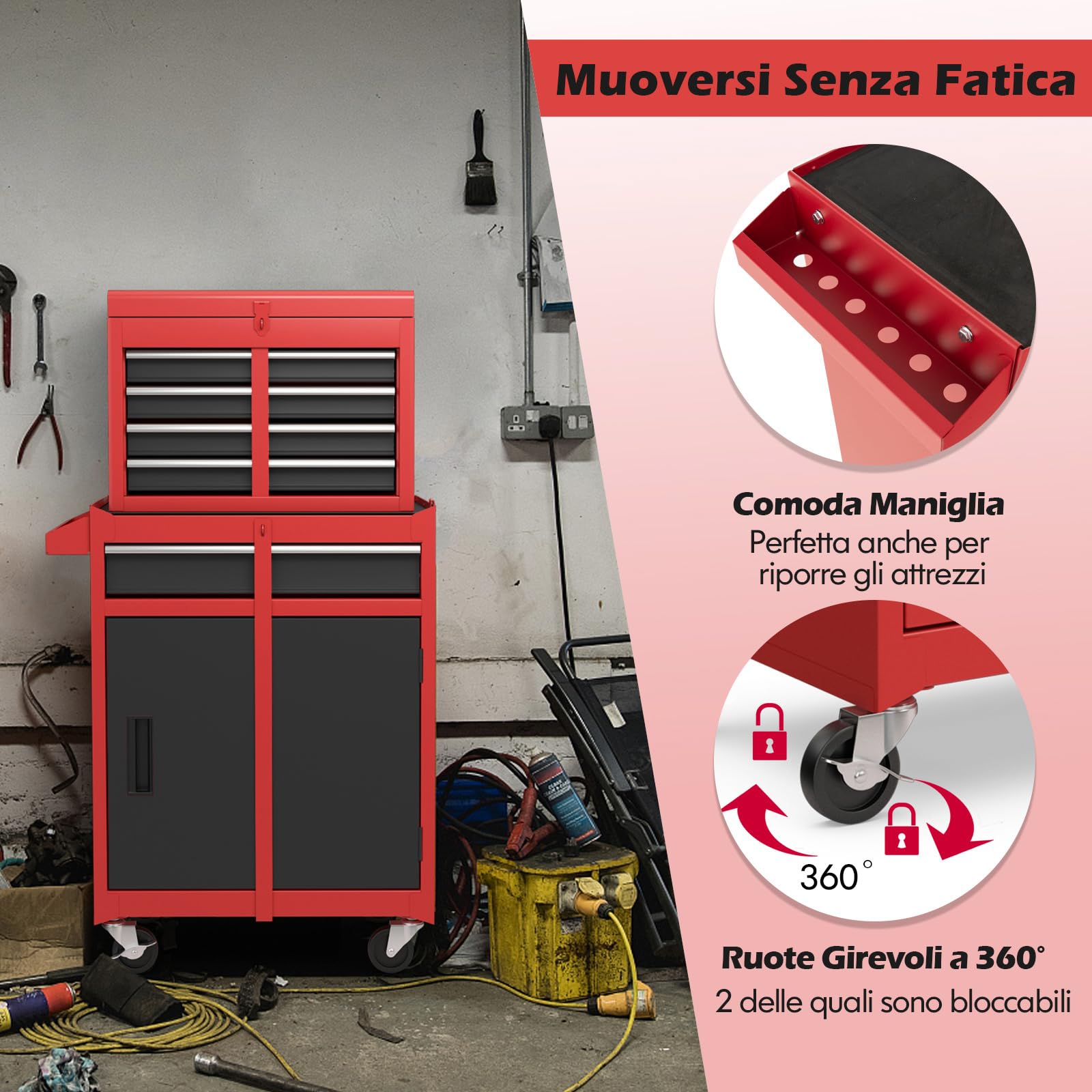 COSTWAY Cassettiera Portautensili a 4 Cassetti, Carrello per Attrezzi con Ruote Bloccabili Ripiano Regolabile e Rivestimento Antiscivolo, 59 x 28 x 102 cm (Nero + Rosso)