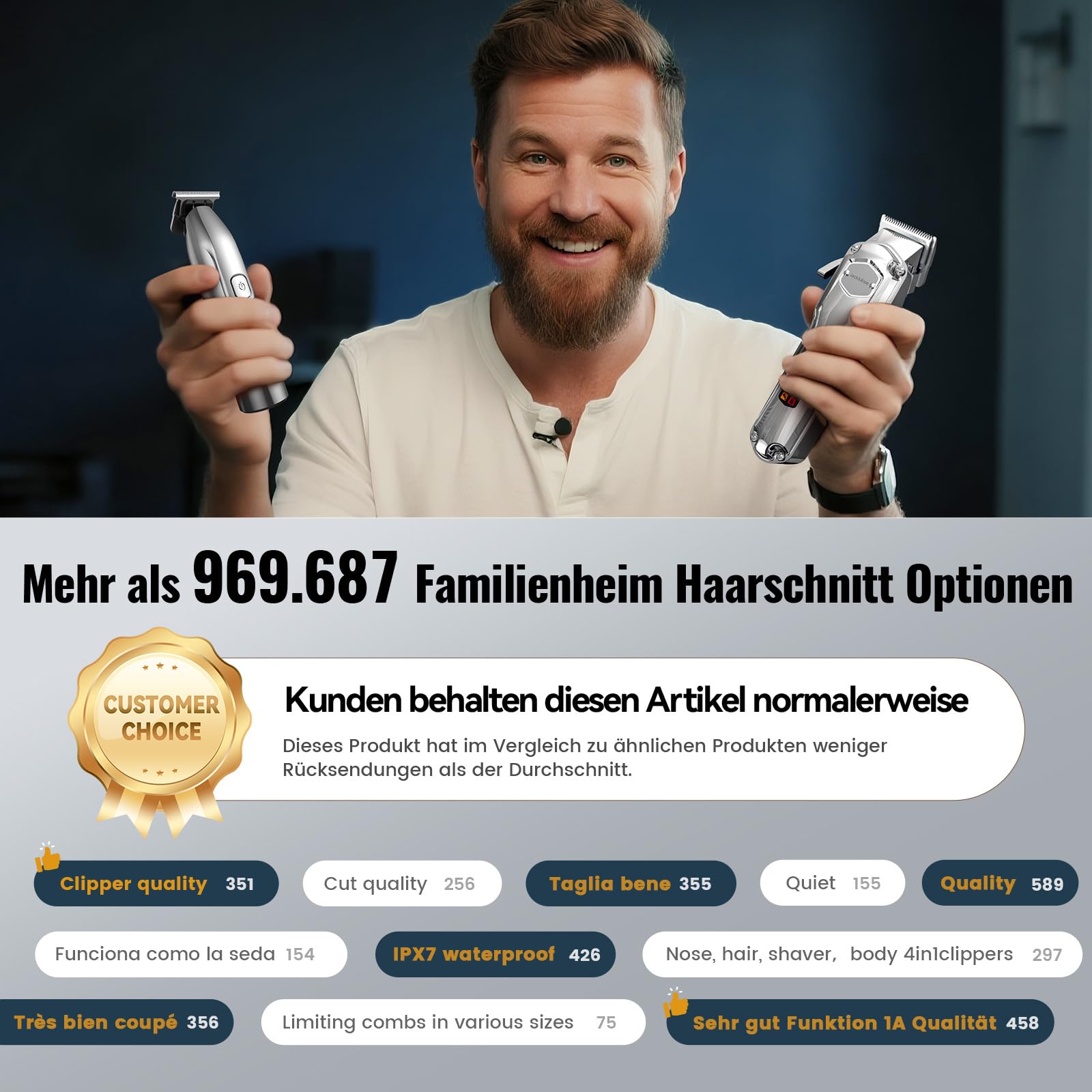 Jack & Rose Haarschneidemaschine Set, 4 in 1 kabelloser Haarschneider und Trimmer, IPX7 Wasserdicht, elektrisches Präzision Shaver & Nasenhaar-Trimmer für Herren, USB Wiederaufladbar | inkl.Haarschneider,Trimmer,Shaver,Nasenhaartrimmer, IPX7 wasserdicht,