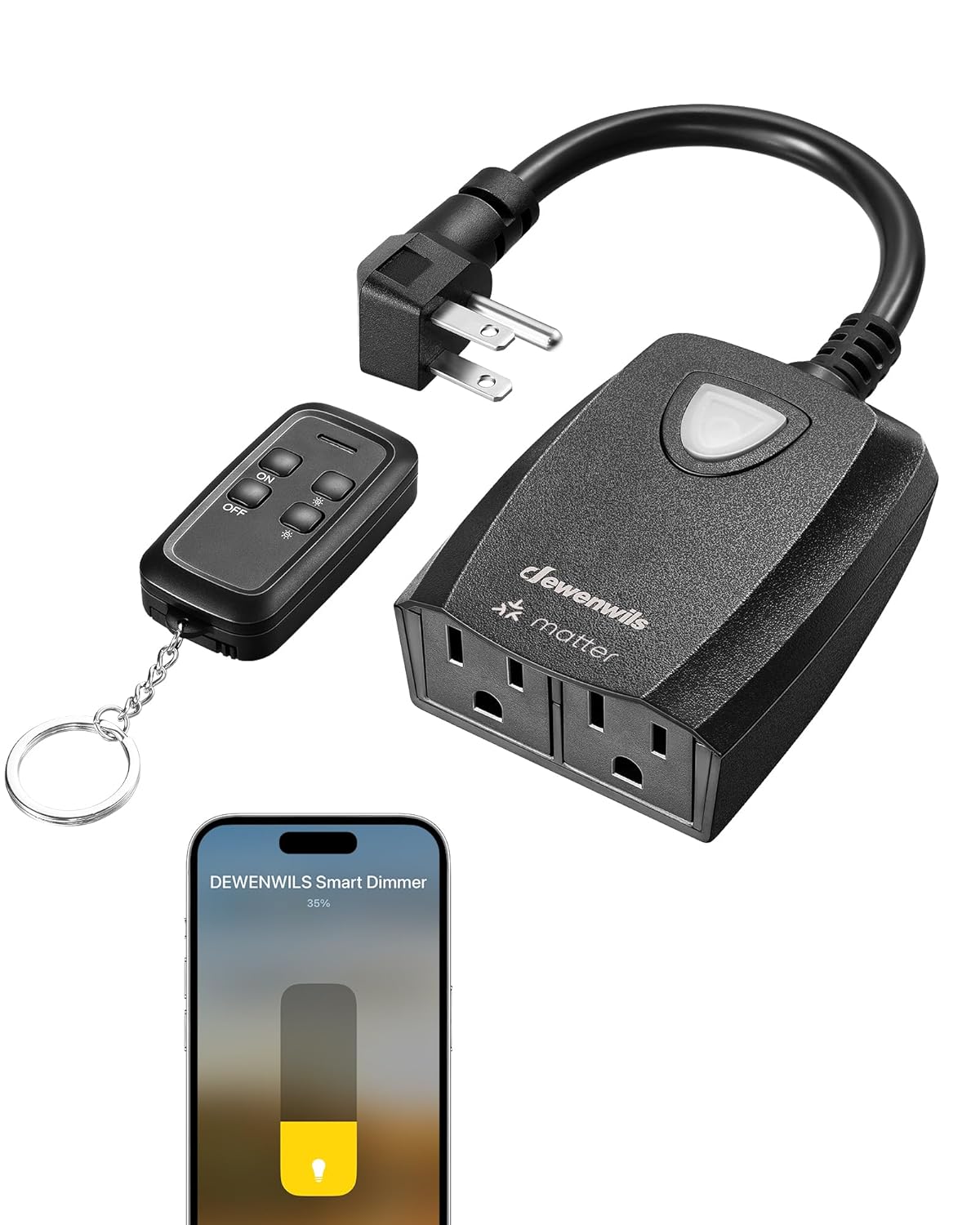 DEWENWILS Wi-Fi Matter Smart Dimmer Plug, Remote Control, 2 Grounded Outlets, Work with Alexa/Google Home, Support 200W Dimmable LED & 400W Tungsten Bulbs, Outdoor Dimmer for String Lights