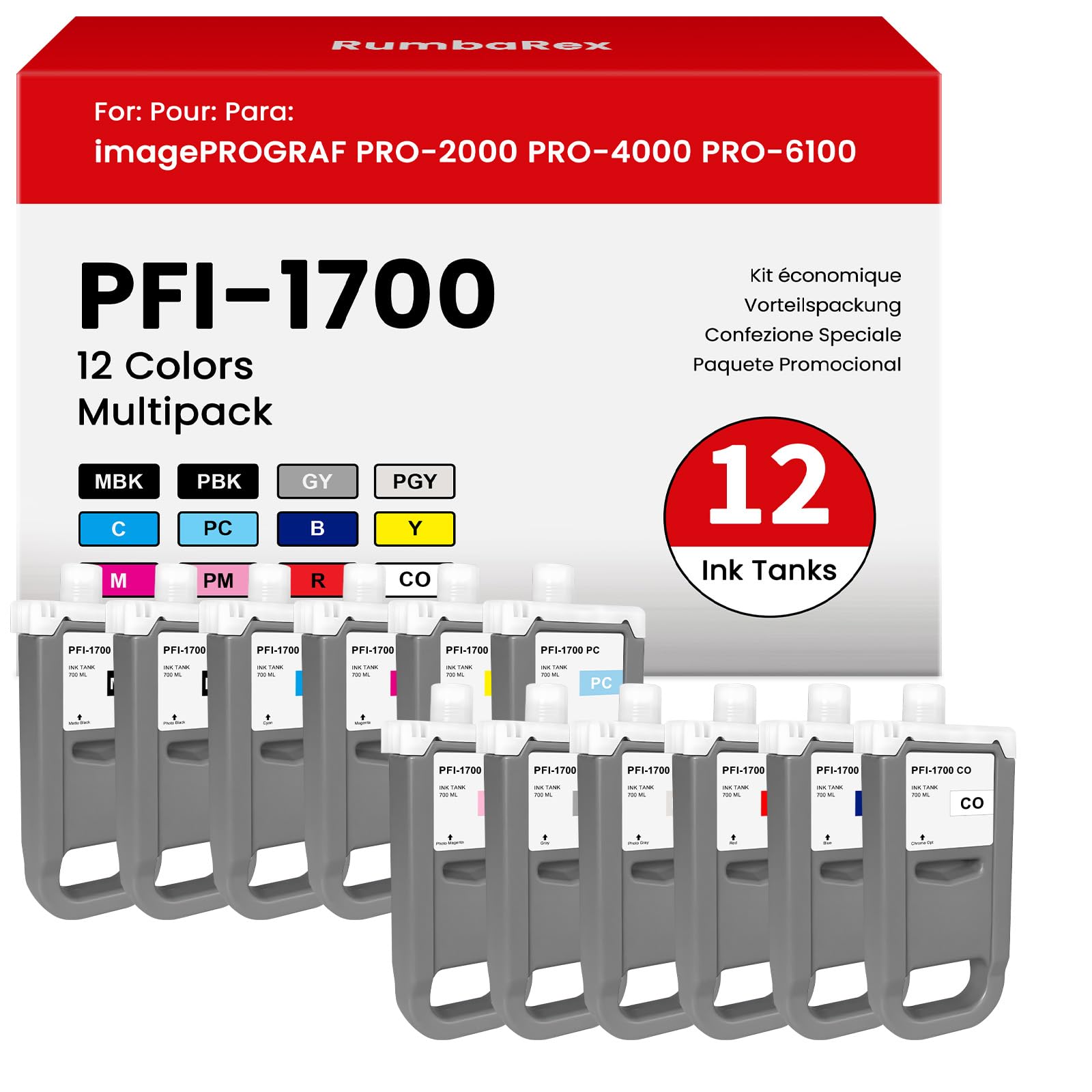 PFI-1700 Pigment Ink Tank 700ml 12-Pack (MBK BK C M Y R GY B PGY PC PM CO) Replacement for Canon PFI-1700 PFI1700 Ink Cartridge imagePROGRAF PRO-2000