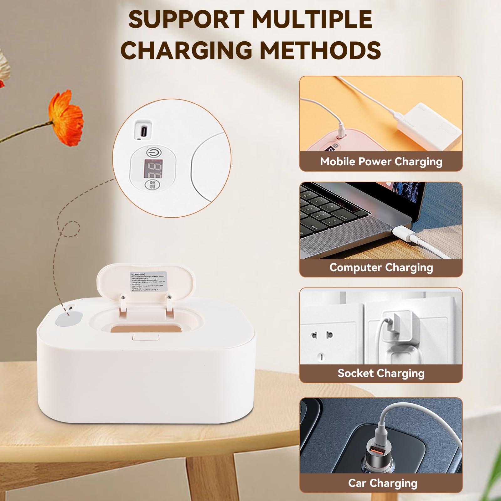 Chauffe-lingettes pour Bébés,Chauffe-lingettes Réglable De 40 °C à 60 °C, 3 Modes De Température, Distributeur De Lingettes Humides pour Bébé, Chauffe-lingettes USB Portable De Grande(Blanc)