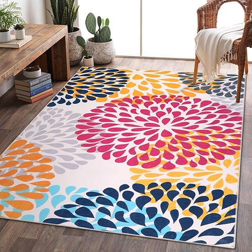 Alfombra de área lavable de 5 x 7 pies, moderna alfombra de flores florales, alfombra suave antideslizante de pelo bajo para dormitorio, alfombra de