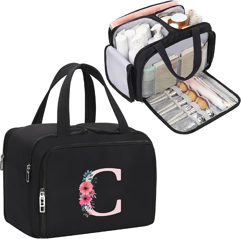Necessaire de viagem WGEAR com estampa de letra, 3 compartimentos, alças duplas, preta