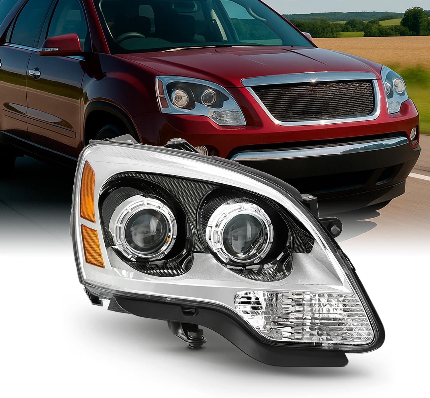 AKKON - Fits 2007 2008 2009 2010 2011 2012 GMC Acadia Projector [Halogen Type] Chrome Headlight Driver Left Side Replacement