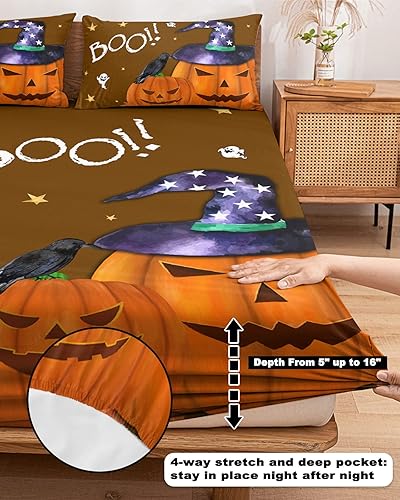 Miniatura 5 de Juego de sábanas bajeras de lujo con gorro morado de calabaza de Halloween, fantasma, con bolsillos profundos de 5 a 16 pulgadas, con funda de