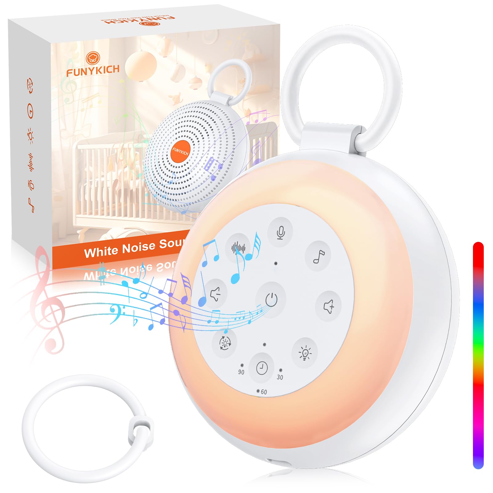 FUNYKICH White Noise Machine Baby, Weißes Rauschen Gerät mit Aufnahmefunktion, Wireless Lautsprecher, 24 Beruhigende Klänge, Nachtlicht,Timer,Super Akku,Tragbare Einschlafhilfe für Zuhause Büro Reisen