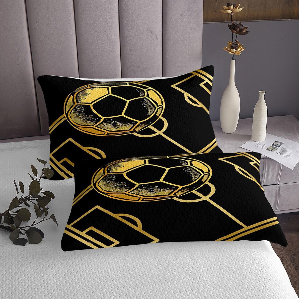 Erosebridal Soccer Twin Bedspread Set for Boys, Football Design Quilt Set Black Gold Coverlet Set Sports Games Bedding Set Football Decor for Boys Bedroom, 1 Quilt Set + 1 Pillow Case