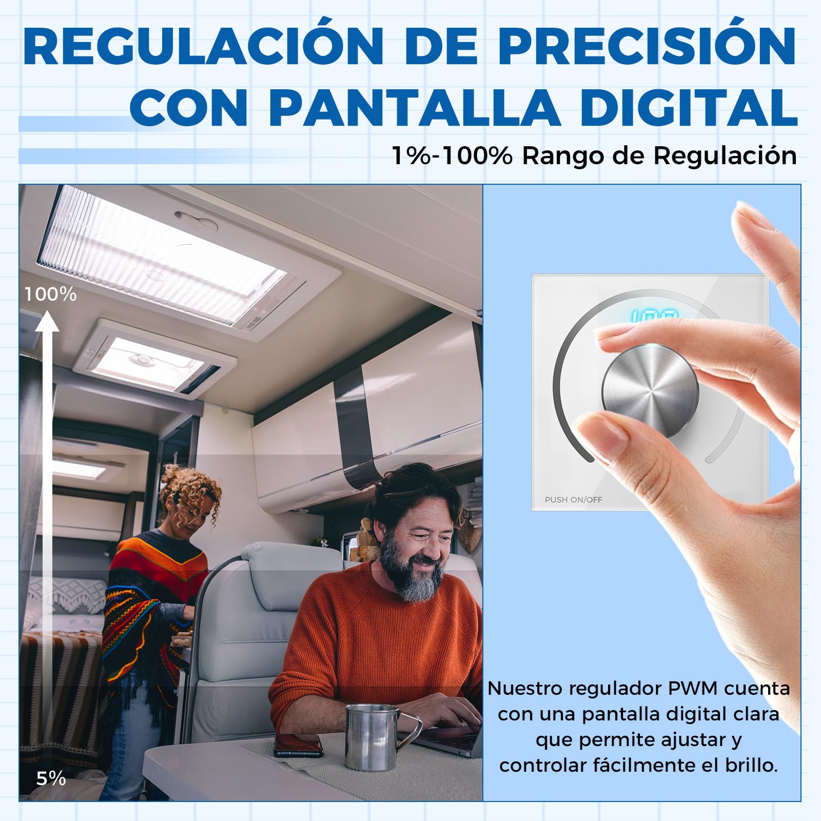 Reguladores de Intensidad DC 12-24V PWM con Pantalla Digital, Atenuador Dimmer LED para Caravanas, Barcos y Bombillas LED Regulables
