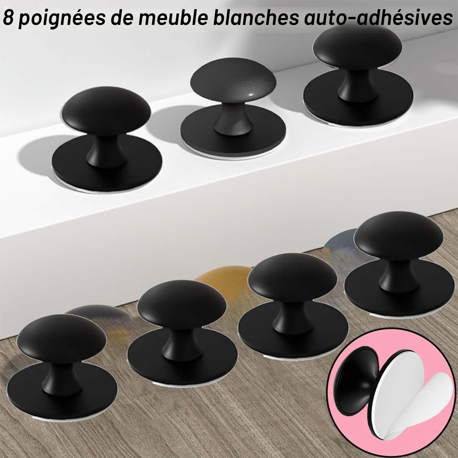 8 Pièces Rond Autocollante Boutons d'Armoire, Noir Poignée de Meuble Poignée pour Tiroir Sans Percage, Rond Bouton de Meubles autocollante Poignet de Tiroir Autocollante