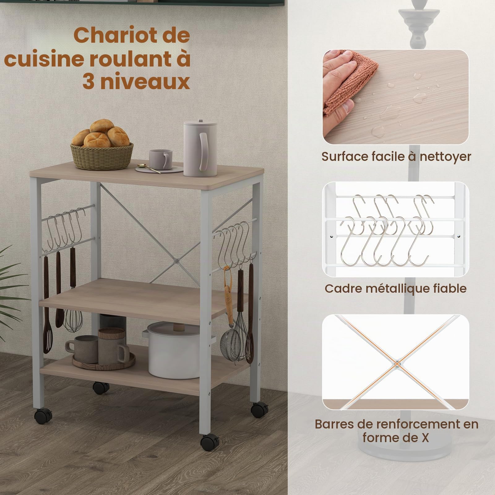 KOMFOTTEU Chariot Cuisine avec 10 Crochets en S, 3 Niveaux, 60 x 40 x 73cm | Étagère mobile pour Micro-ondes avec plateaux réglables en Hauteur, Desserte de Service, beige