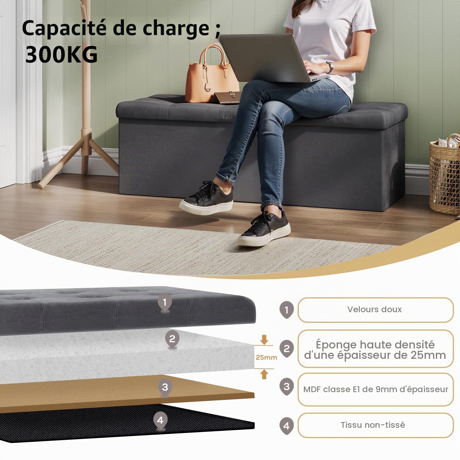 WOLTU Banc de Rangement Pliable, Pouf Tabouret Rembourré de Grande Capacité de 118L, Charger 300KG, 110x37,5x38cm, Gris