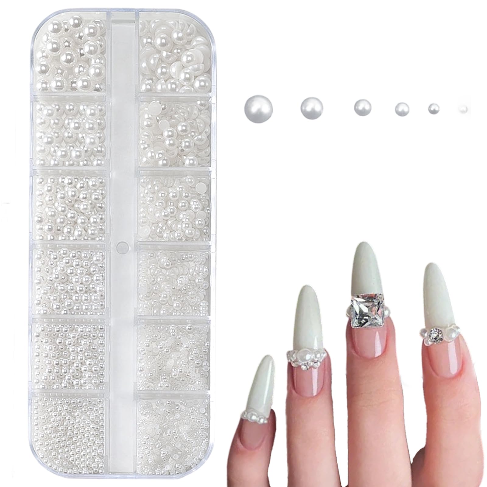 6 Tailles Breloques pour Ongles en Perles Blanches, Strass Ongle Demi Rondes à Dos Plat, Accessoires Décoration Bricolage Mariage Fête