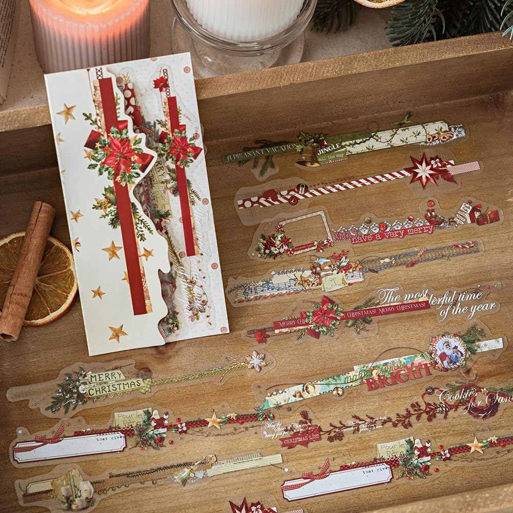 PET Long Strip Christmas Stickers Winter Holiday Xams Junk Journal Scrapbook Stickers Christmas Decorations Landscape Border Backdrop Collage Decorative Stickers for Journaling Scrapbooking Supplies
