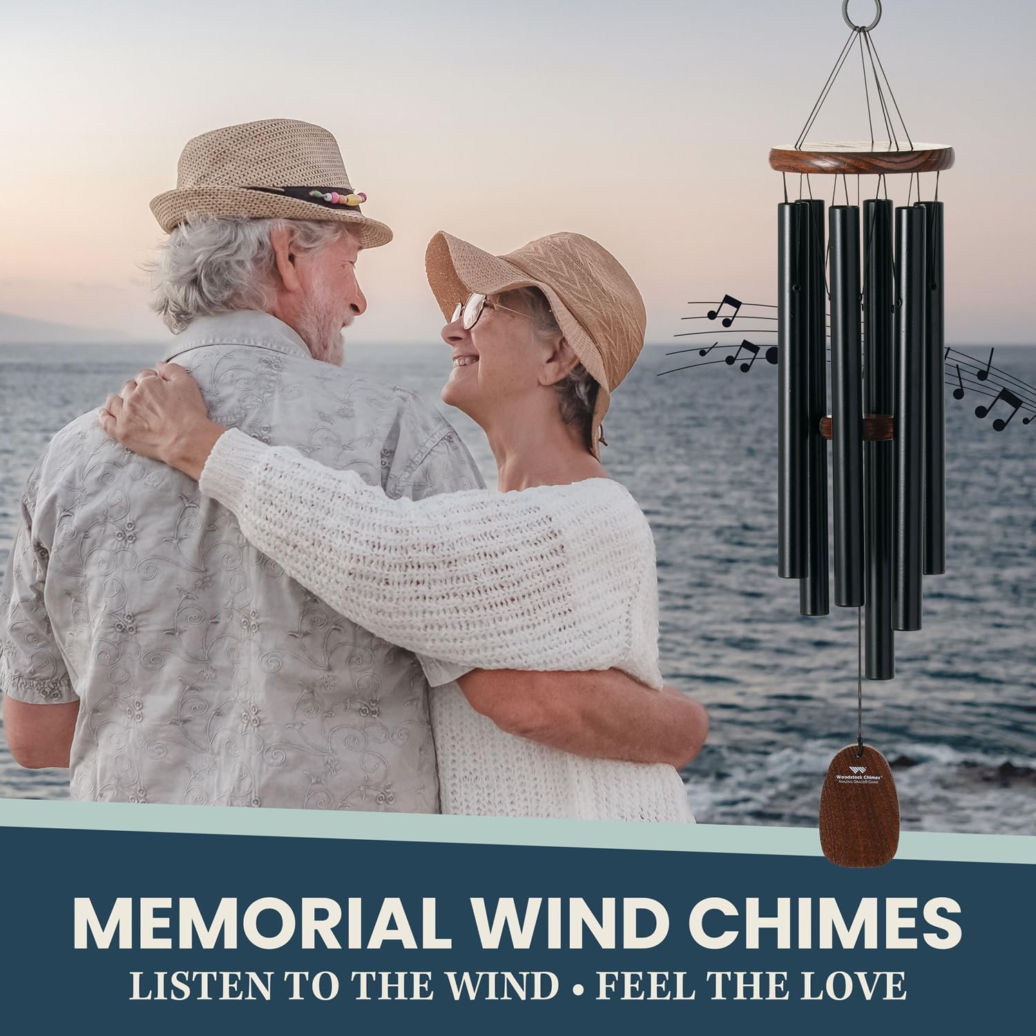 Woodstock Wind Chime Matte Black & Teak Wind Chime Tuned to Amazing Grace Outdoor Hanging Chime for Porch Patio Garden Décor with Powder-Coated Tubes and Ash Wood Top