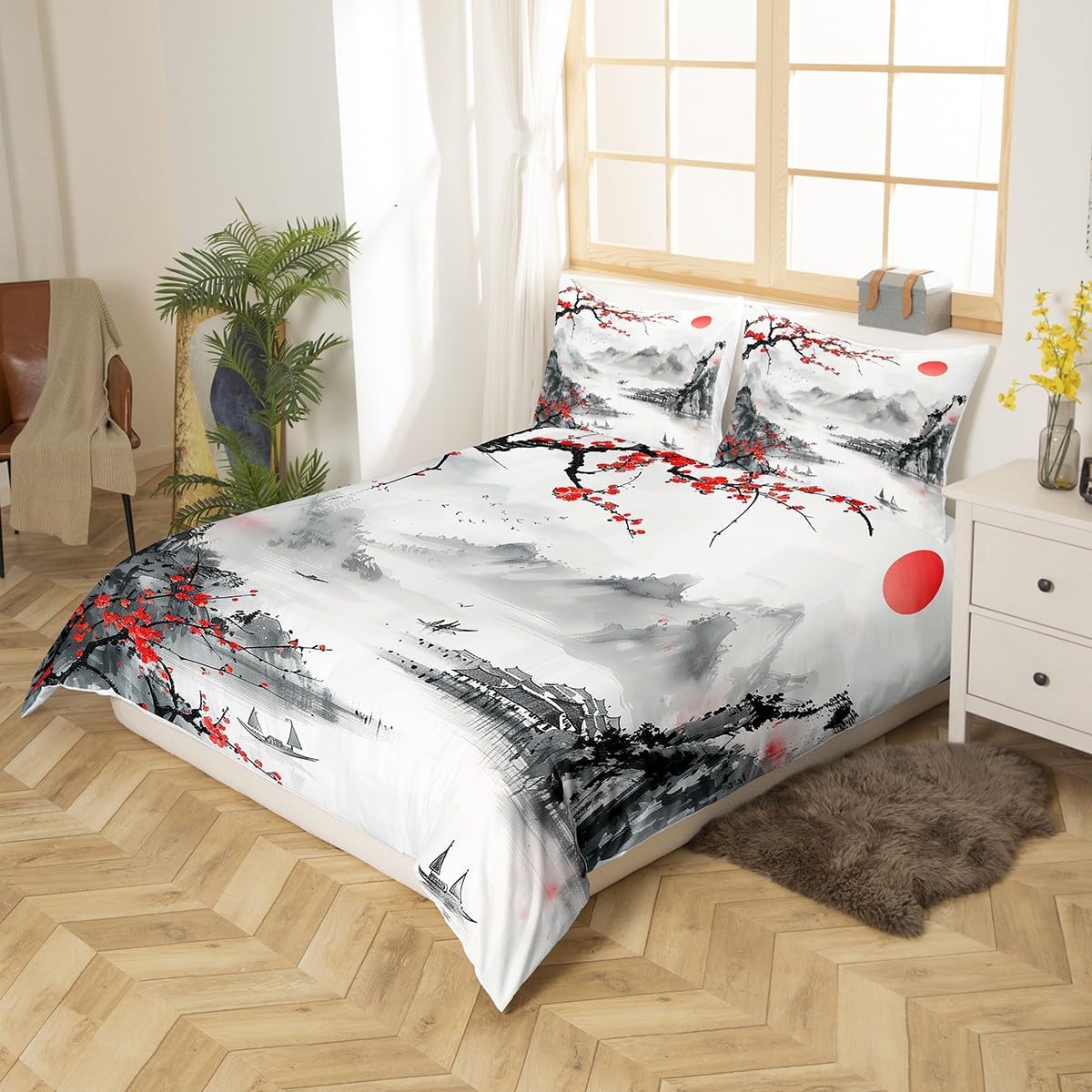 Japanese Style Duvet Cover Set Queen,Red Cherry Blossom Bedding Set Kids Girls Women Adults Room Decor,Ink Painting Comforter Cover 3Pcs,Oriental Culture Bedspreads Cover,2 Pillowcases(NO Comforter)