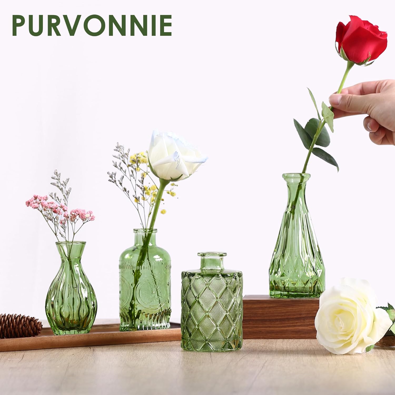 Vintage Small Glass Vases Set of 10,Mini Bud Vases for Flowers,Amber Glass Vases for Centerpieces,Wedding Decorations,Home Table Flower Decor (Hunt Green) - Image 3