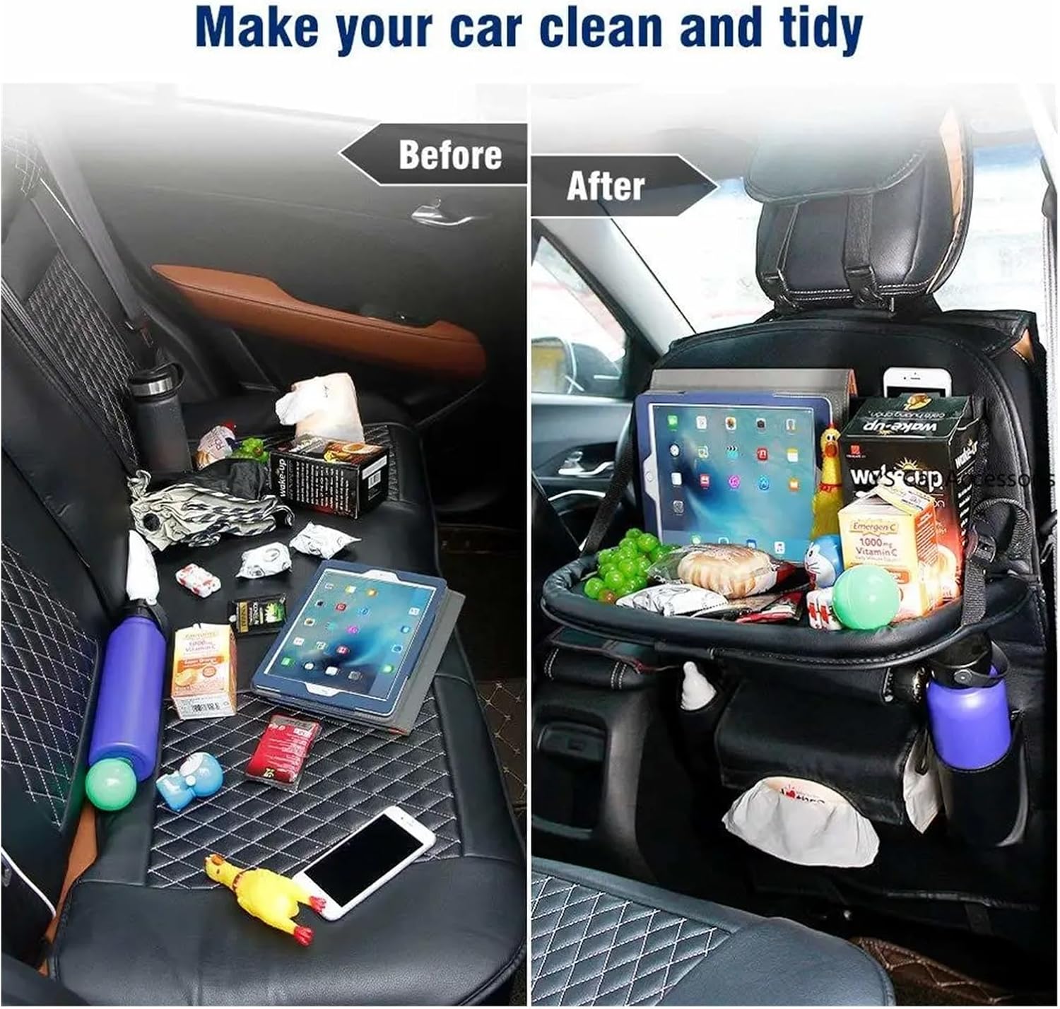 1* Car Seat Back Organizer PU Leather Kick Mat Storage Bag Foldable Car Seatback Table for Tablet Tissue Bottle Car Trip for Kid Car Storage Back of Seat Car Organizer(Ordinary Brown 1PC)