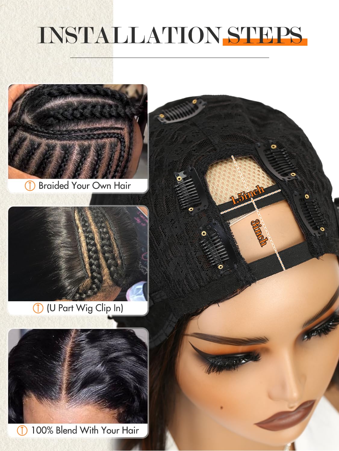 WIGNEE Perruque Bob Courte Noire U-Part Lisse Bob Dégradé 14 Pouces (Noir) | Perruque U Part, Demi-Perruque Synthétique à Clips, Yaki Perruque, Glueless, Aspect Naturel Pour Un Usage Quotidien