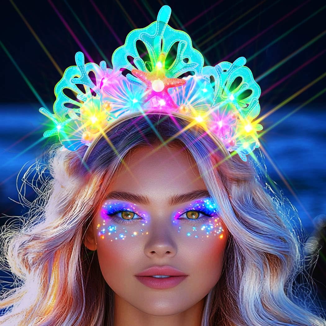 Handcess Light up Shell Headband LED Starfish Hair Band Glitter Glowing Hair Hoop Party Rave Hair Accessories for Women - Image 2