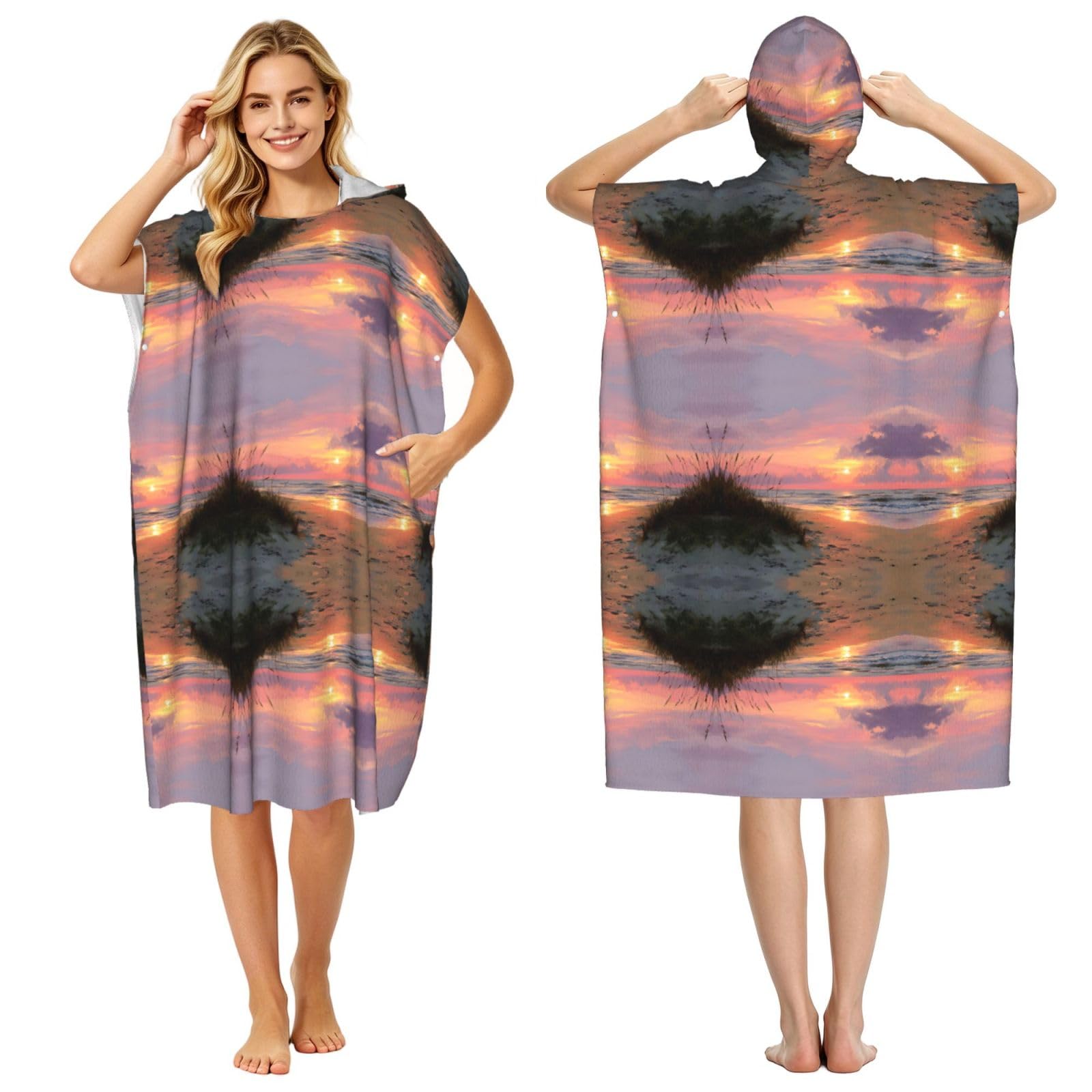 EZDLOWVBA Sunset Beach Print Hooded Poncho Microfiber Beach Towel,Adult Women & Men Changing Robe,Lightweight Summer Surf Swim Bath Poncho Towel