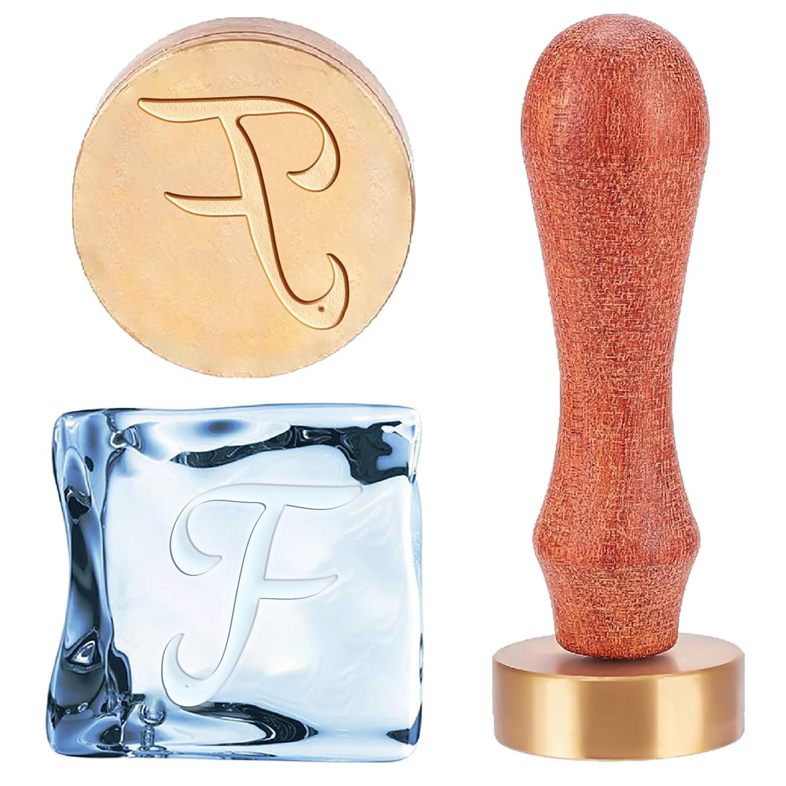 Sello de prensa para hielo con letra F cursiva y bolsas de terciopelo