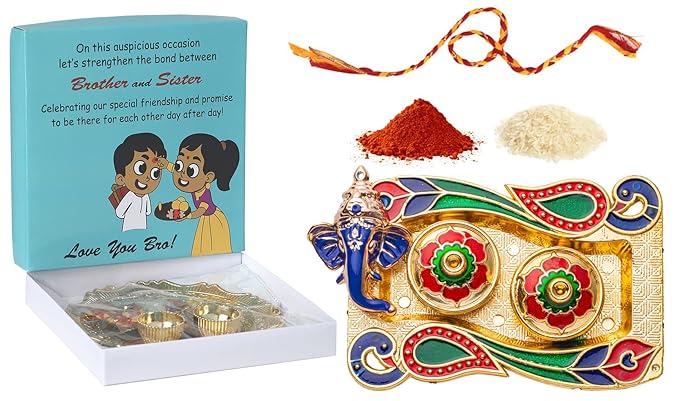 Feastive Celebrations Ganesha Blessed Meenakari Bhai Dooj Thali with Mauli , Tilak