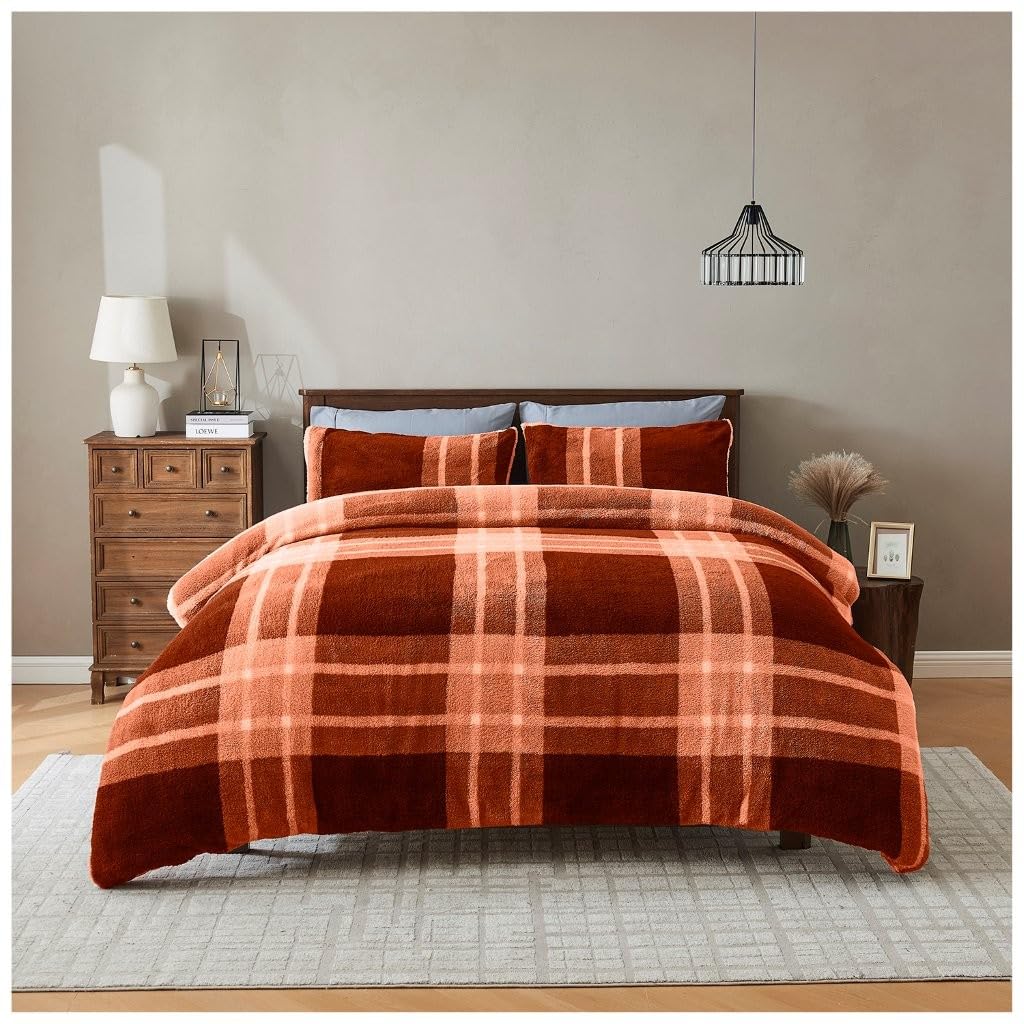 Lions Teddy Bear Bedding - Thermal Reversible Fleece Check Double Bed Duvet Cover Set with Pillowcase, Warm Cosy Quilt Covers, Terracotta, 200x200cm
