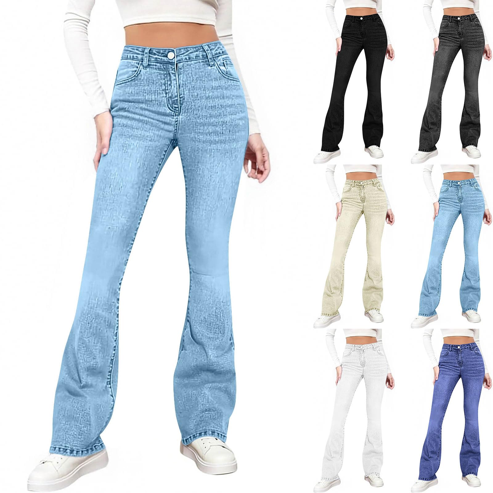 HUYTERTDR Flared Jeans for Women Stretchy High Waist Skinny Denim Trousers Tummy Control Bootcut Pants Casual Denim Jeggings with Pockets Comfort Bootcut Jeans Legging for Women Bell Bottom