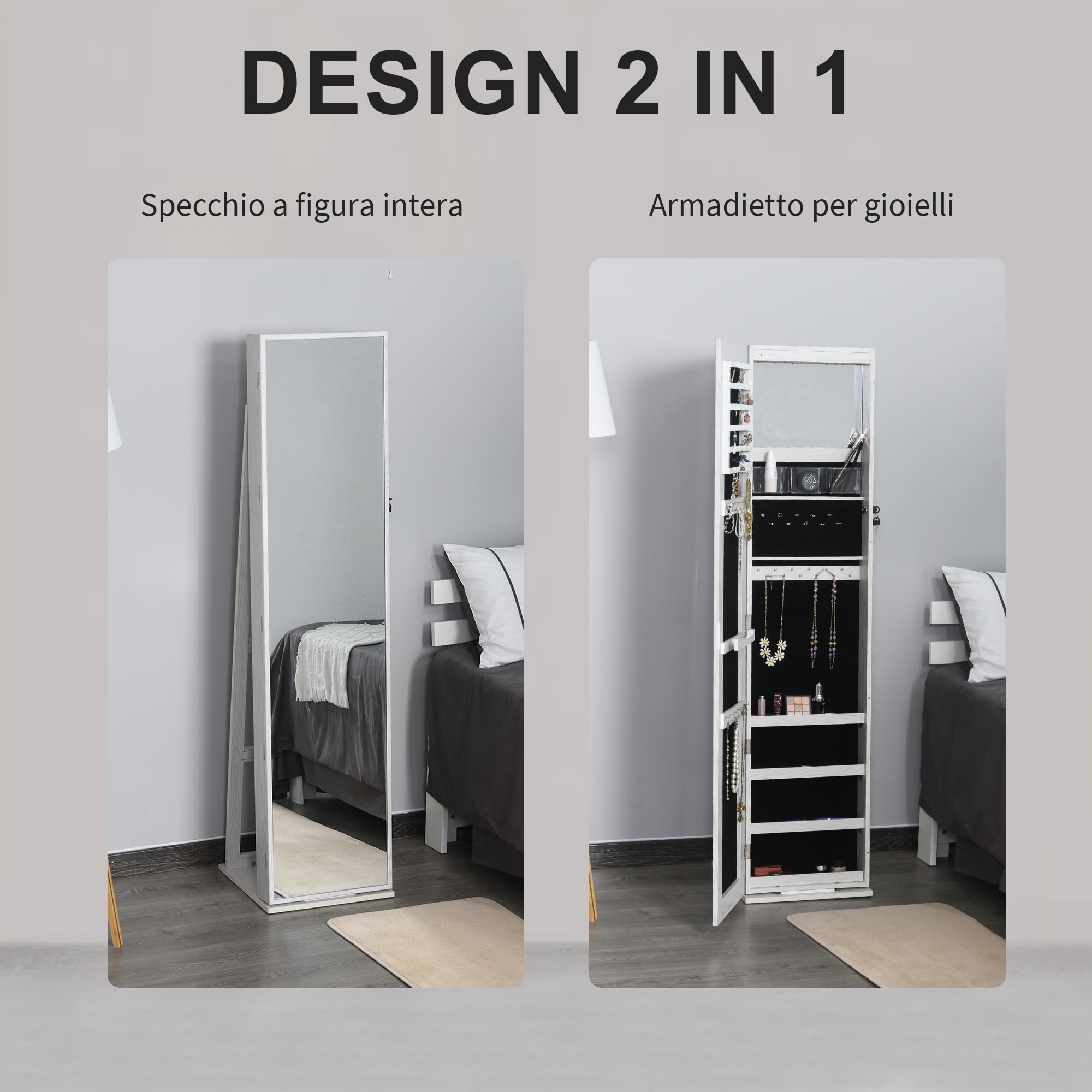 HOMCOM Specchio Portagioie a Illuminazione LED con 4 Scaffali Bianco
