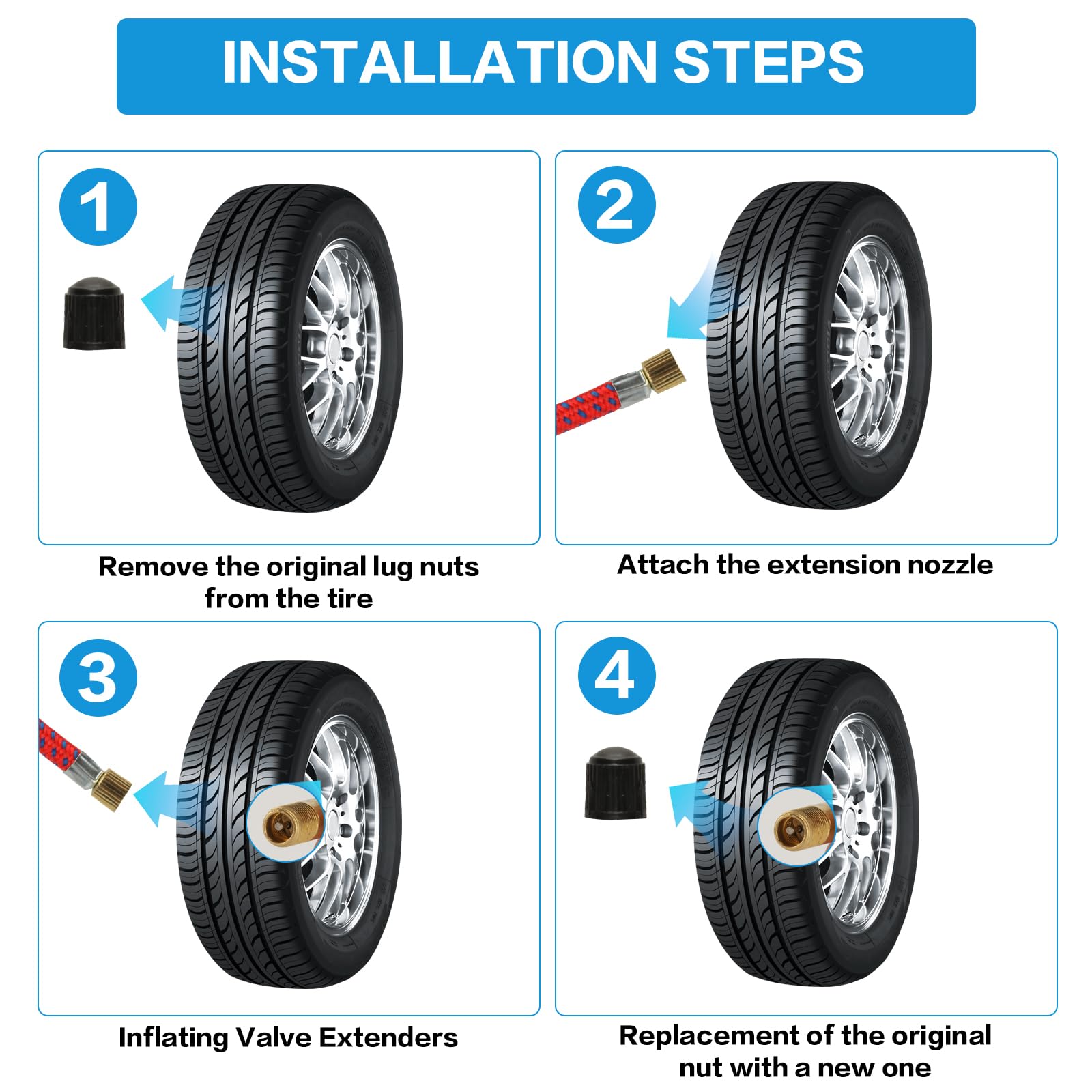 Set di 14 valvole per auto, 6 x 45° 90° 135° per valvola auto, adattatore per valvola angolare, 2 x 10 cm, 6 tappi in metallo, per auto, moto, bicicletta, scooter