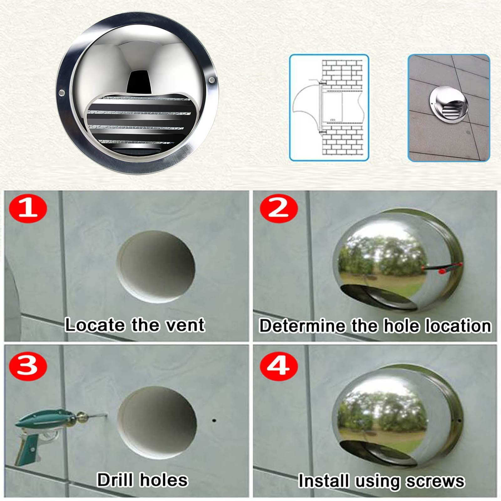 Grille De Ventilation Ronde en Acier Inoxydable, 60/80/110/150/200/300mm Grille D'Aération Murale Raccord De Ventilation, Ventilation Grille pour Bureau, Cuisine, Salle De Bain