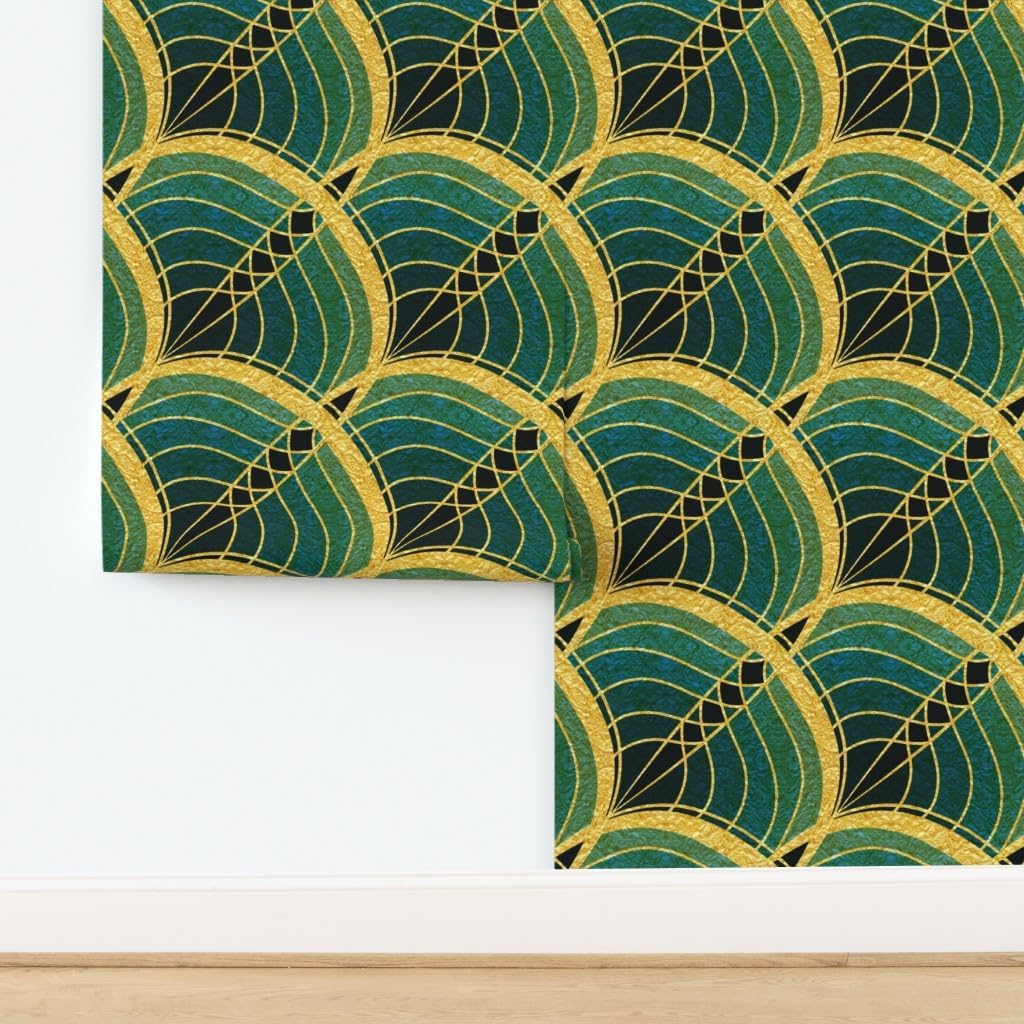 Spoonflower Peel & Stick Wallpaper 3ft x 2ft - Gold Art Deco Wave Cyan Teal Tile Deep Blue Midnight Green Black Pattern Custom Removable Wallpaper